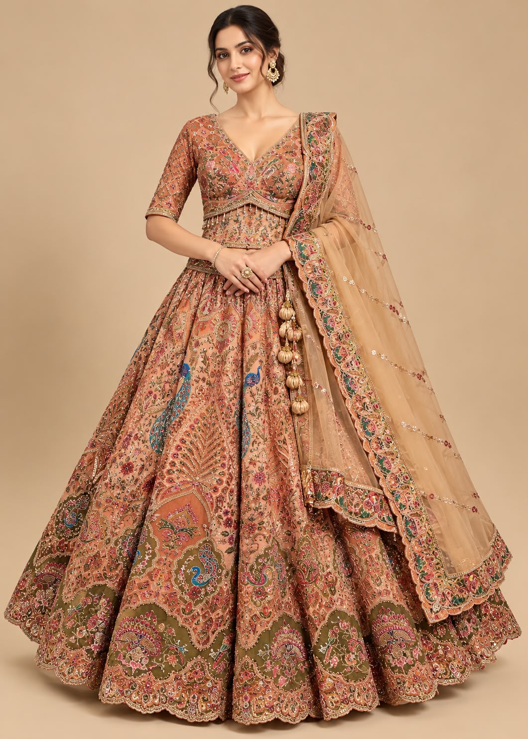 Peach Rust Embroidered Lehenga with Multicolour Peacock Motifs