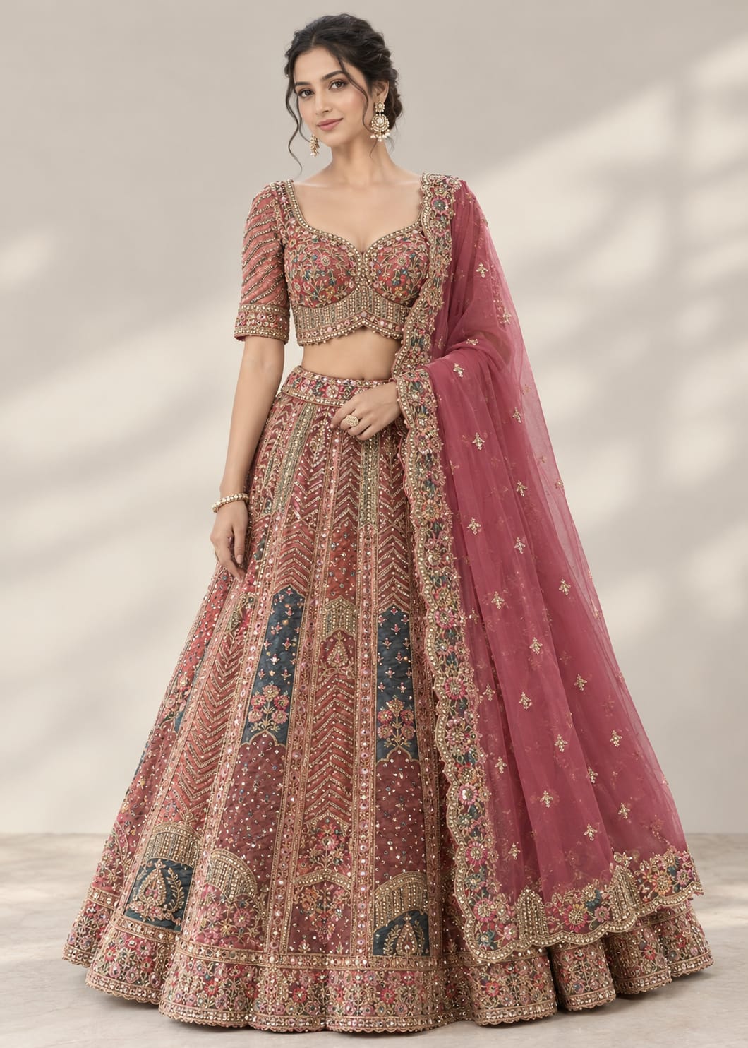 Onion Pink & Teal Embellished Bridal Lehenga