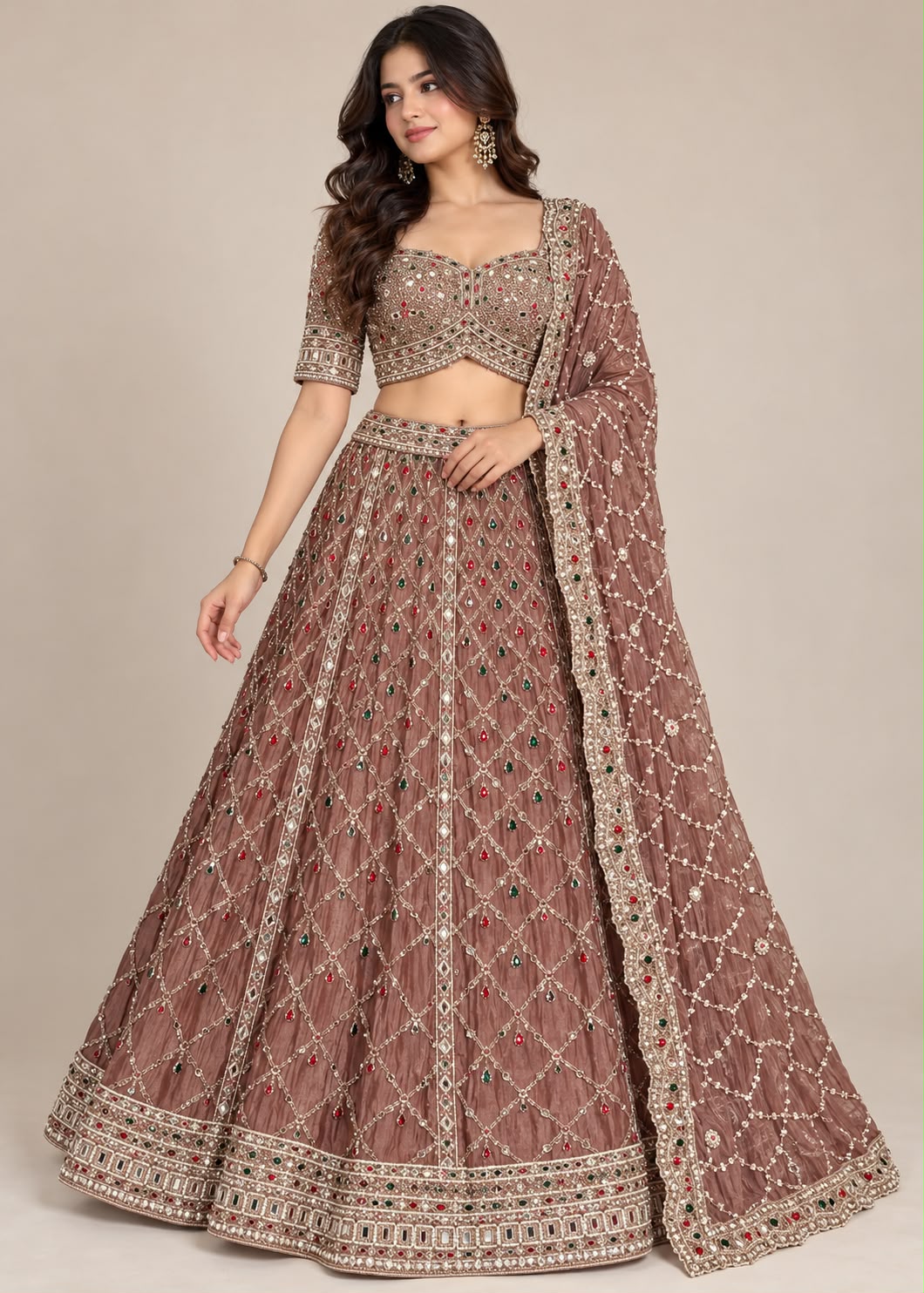 Lavender Taupe &amp; Gemstone-Embellished Bridal Lehenga Set