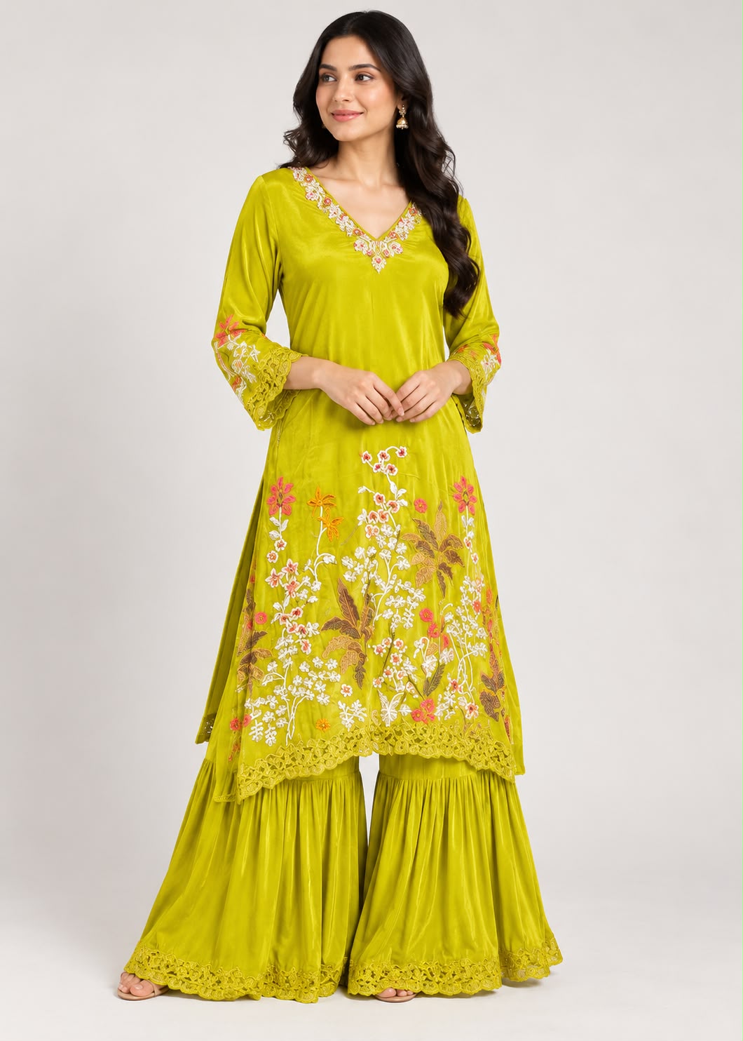 Lime Green Floral Embroidered Kurti with Sharara