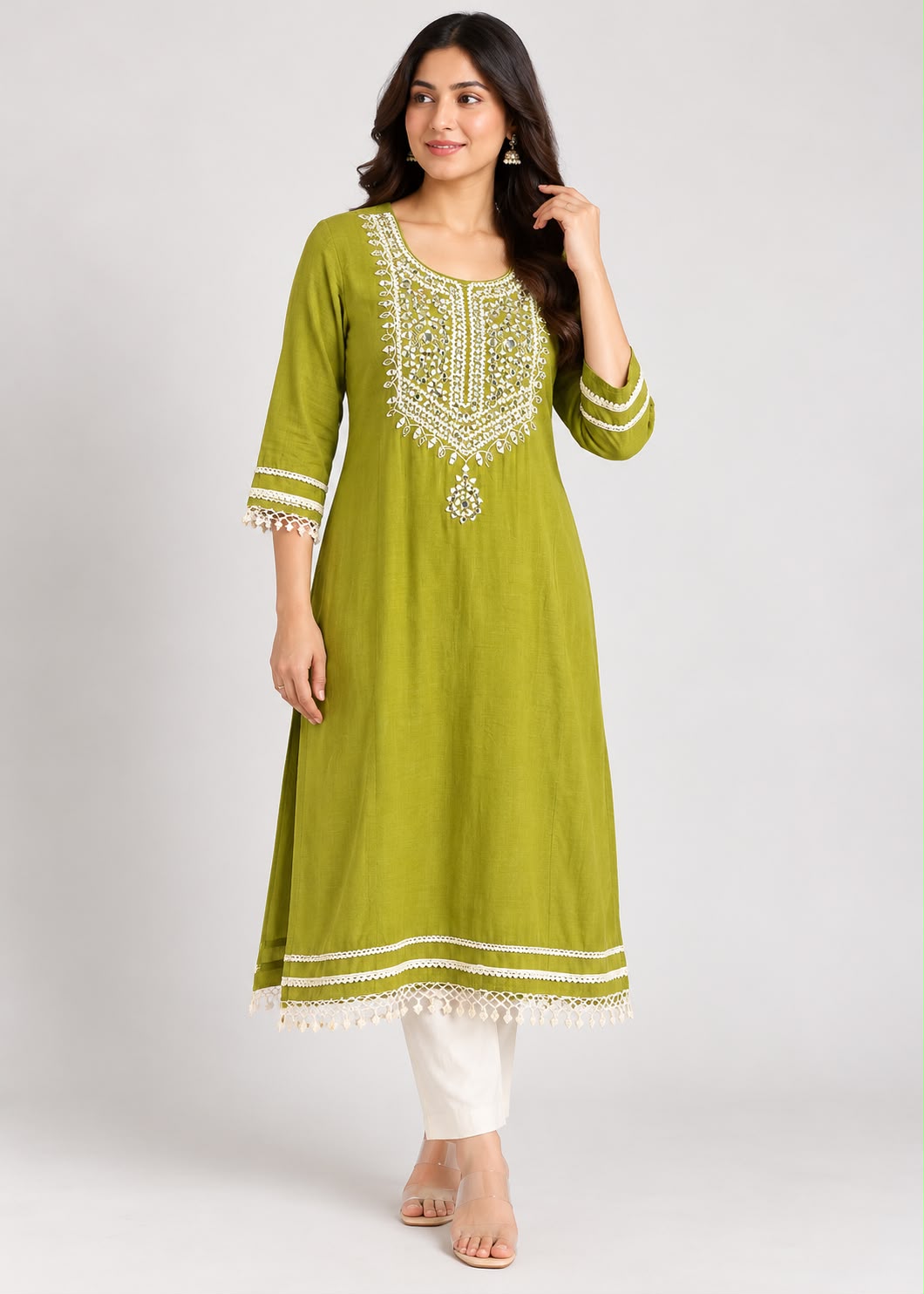 Olive Green Embroidered Straight Kurti