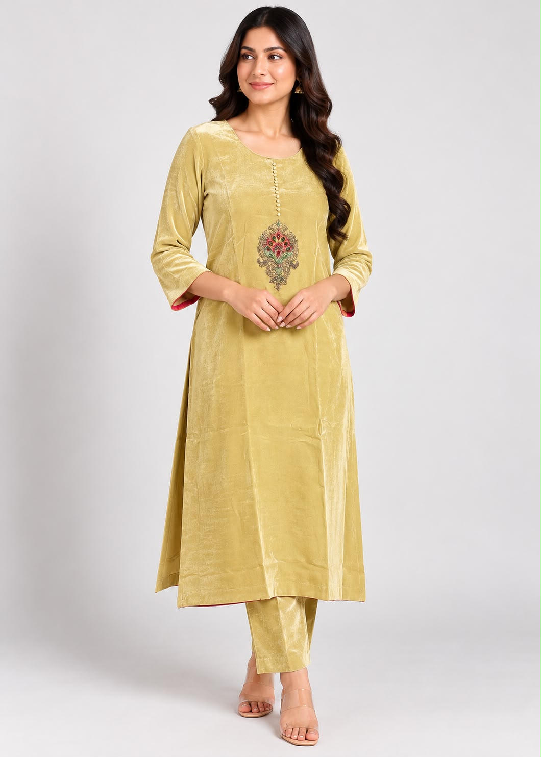 Golden Olive Velvet Straight Kurta Set