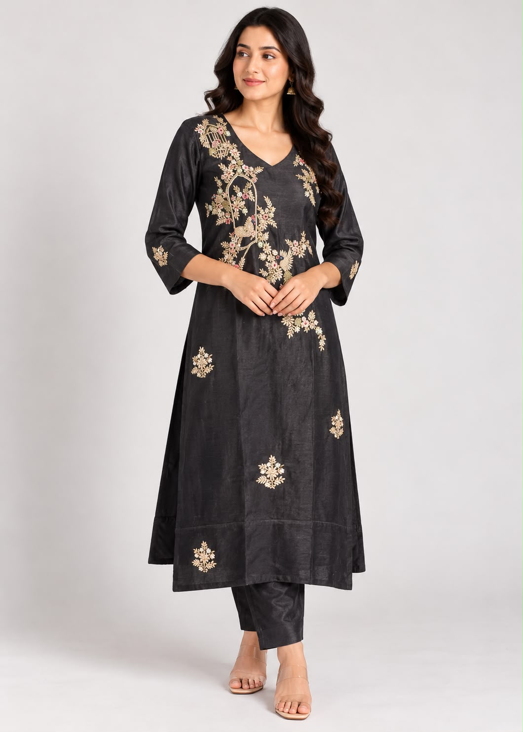 Charcoal Black Embroidered Straight Kurta Set