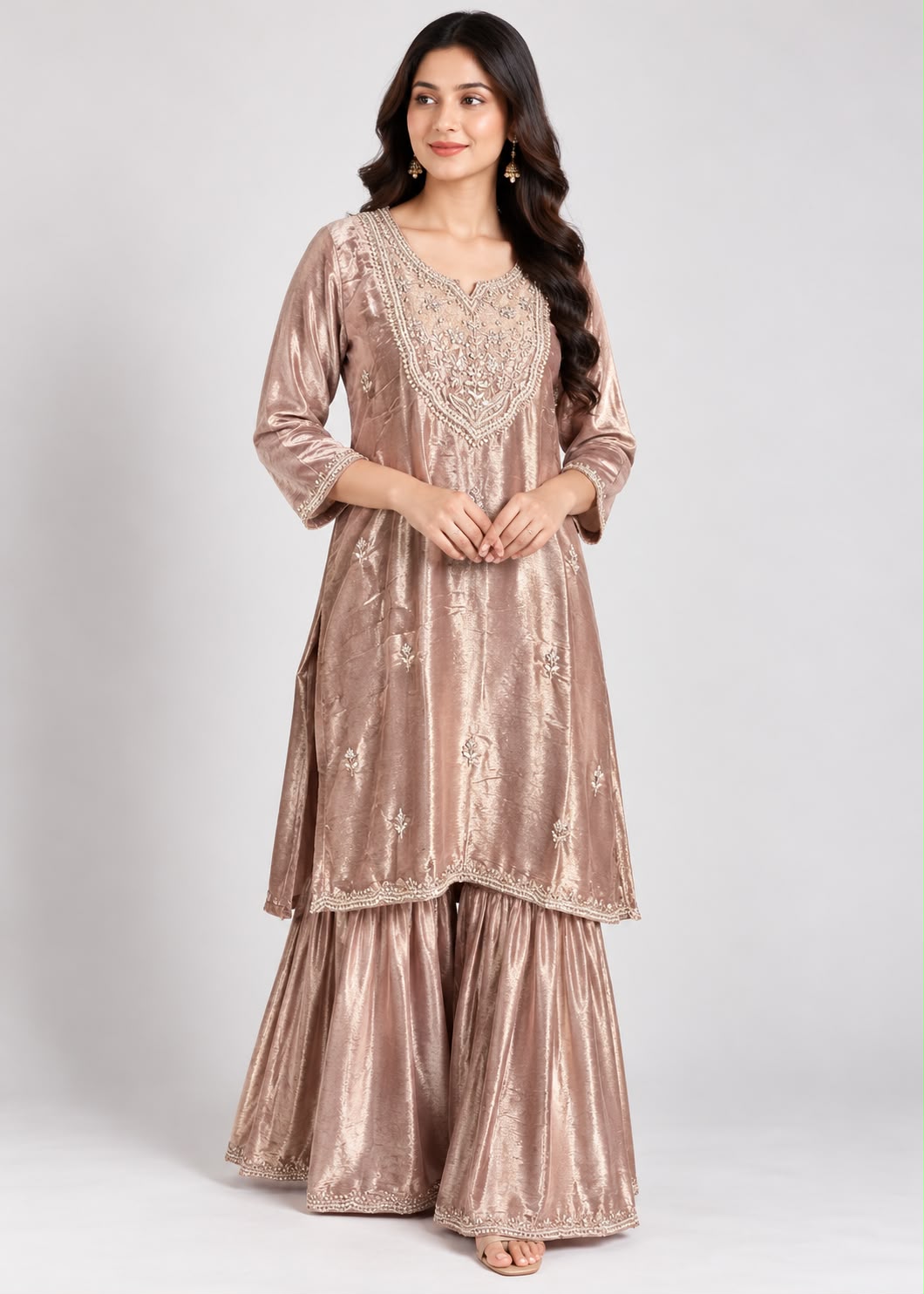 Rose Gold Embroidered Kurta with Sharara Set