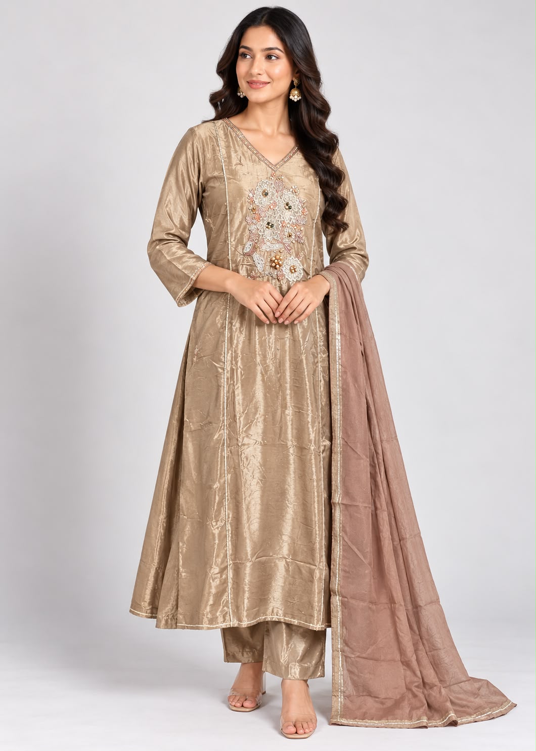 Camel Beige Embroidered Anarkali Suit Set with Dupatta