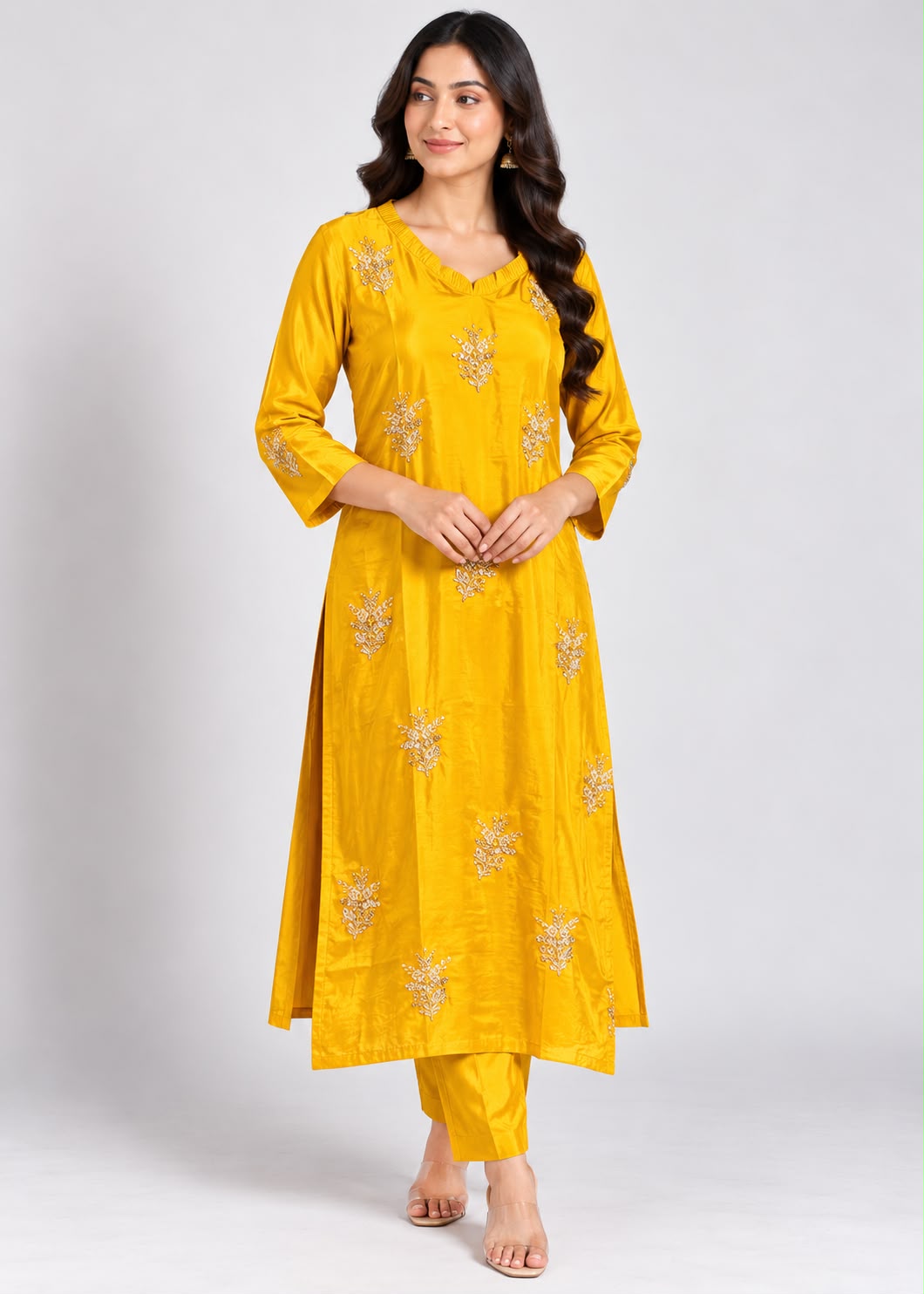 Mustard Yellow Embroidered Kurta Set