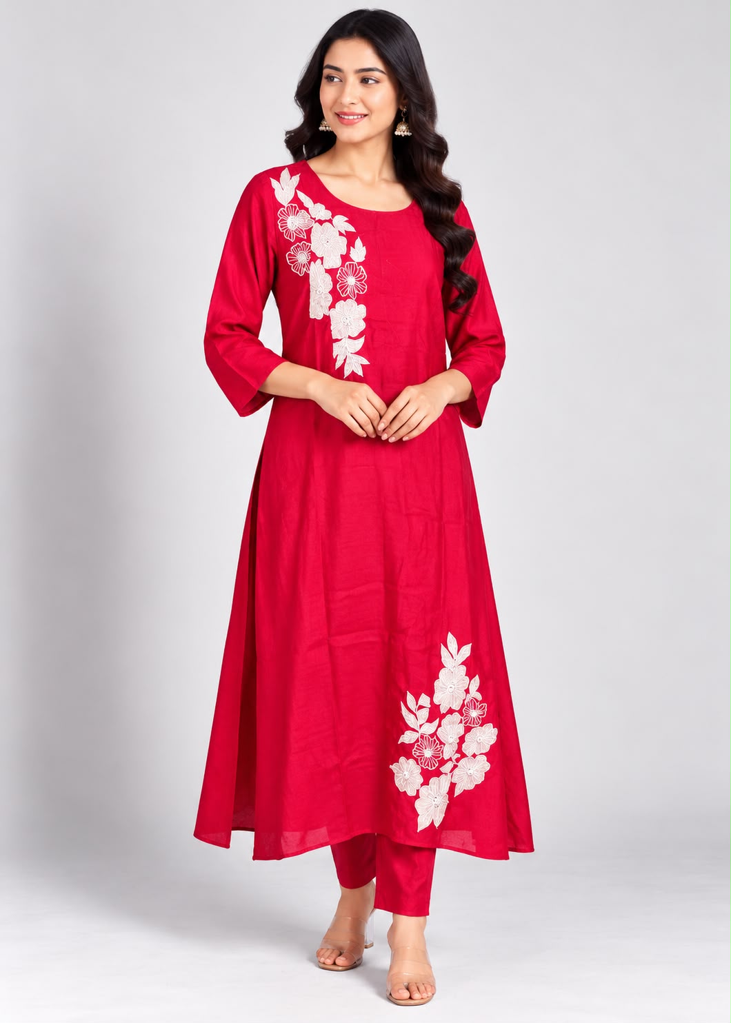 Rani Pink Floral Embroidered Kurta Set