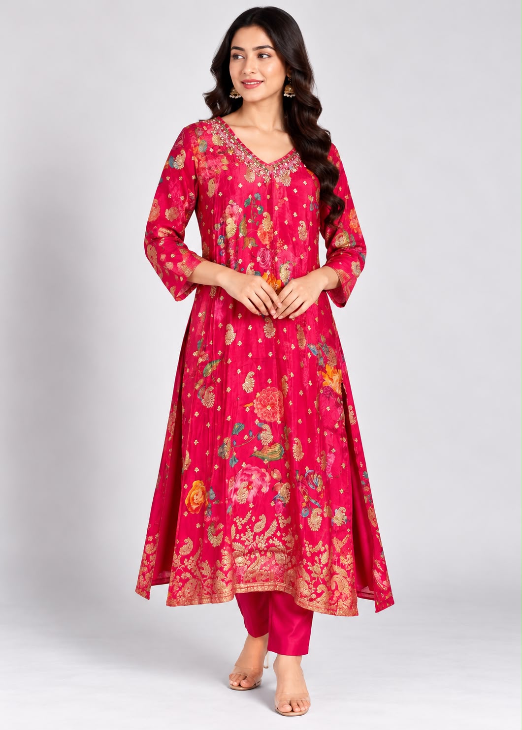 Rani Pink Floral Printed Kurta Set
