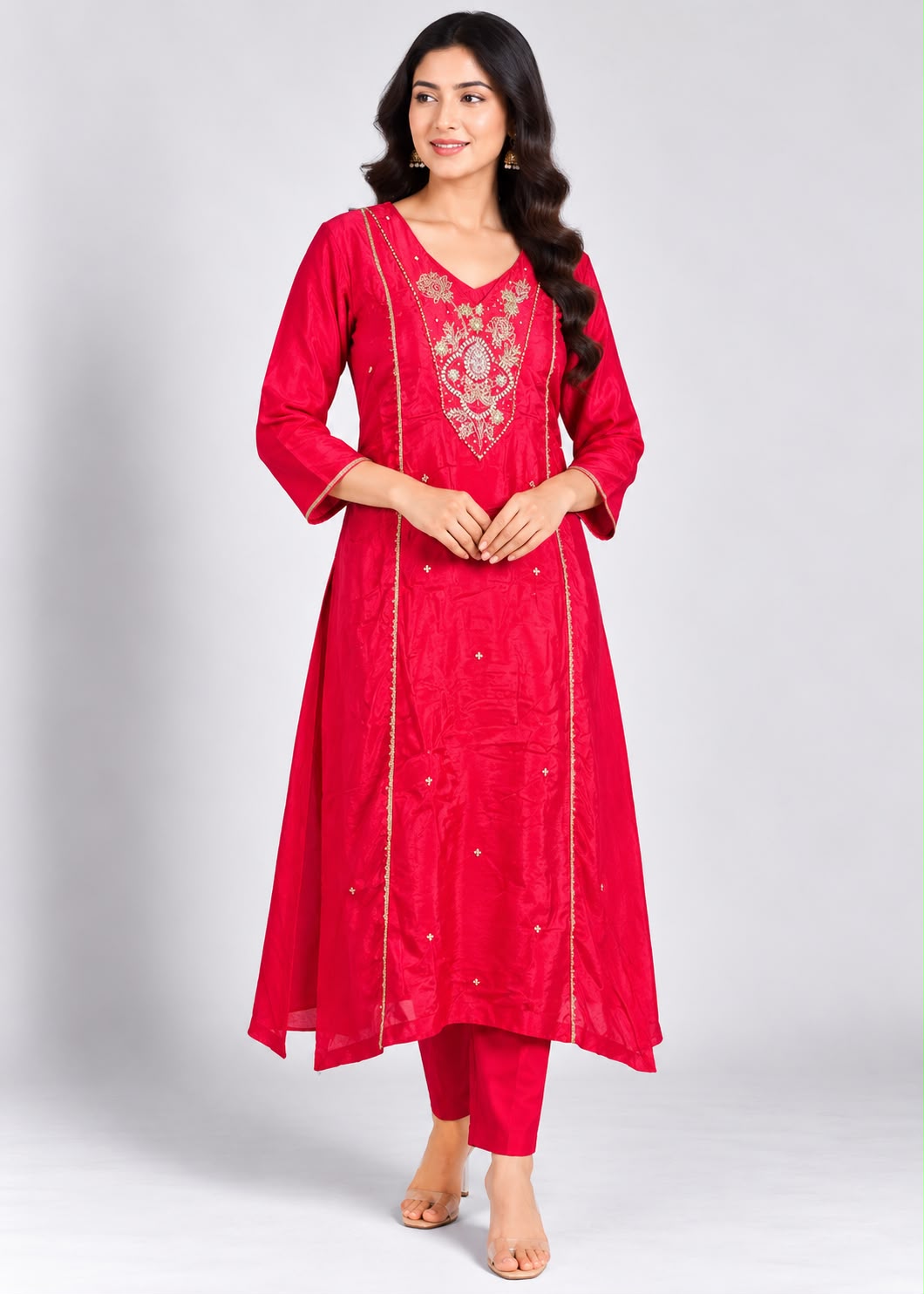 Red Embellished A-Line Kurta Set