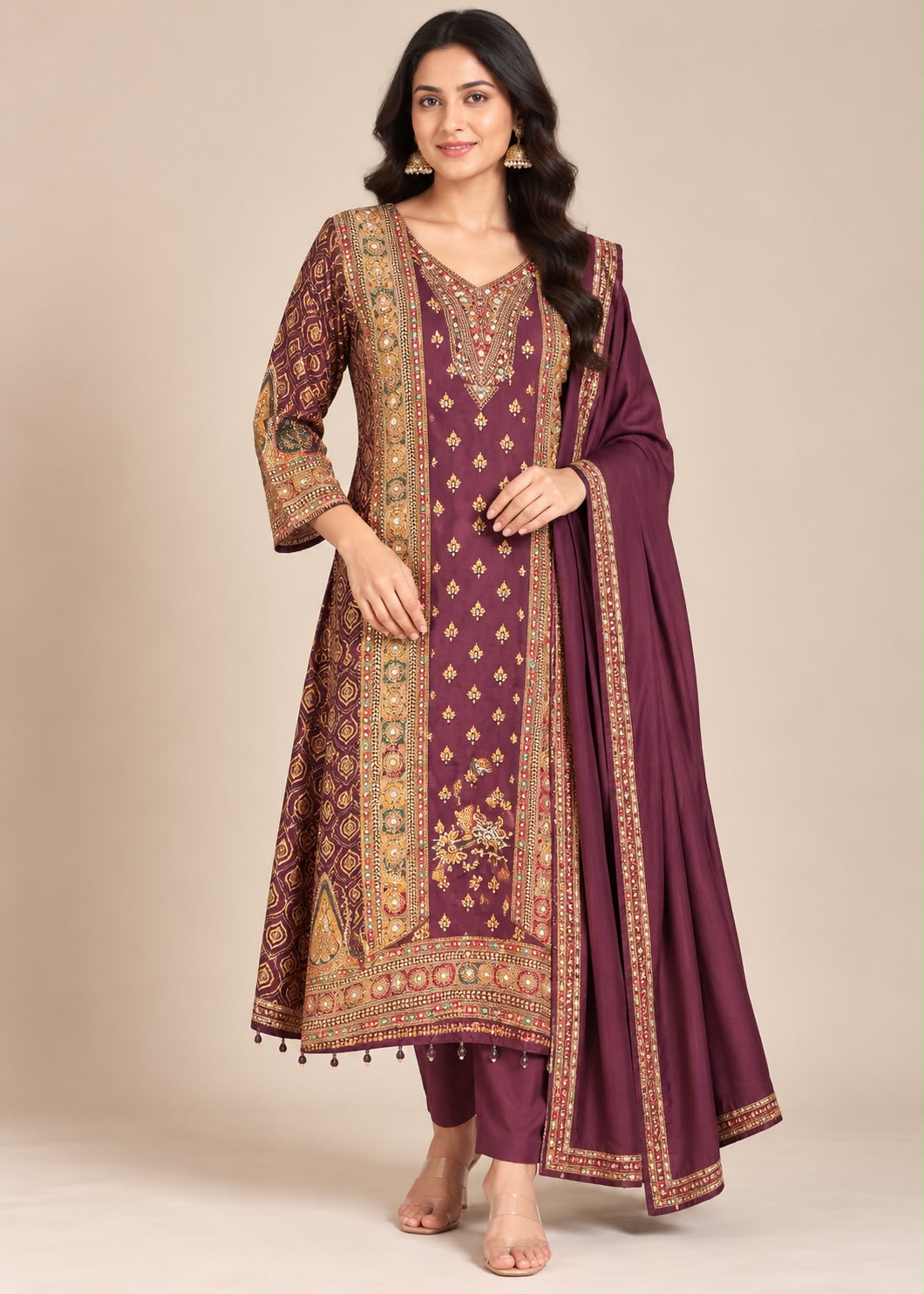 Wine Purple Ethnic Kurta Set with Embellished Dupatta