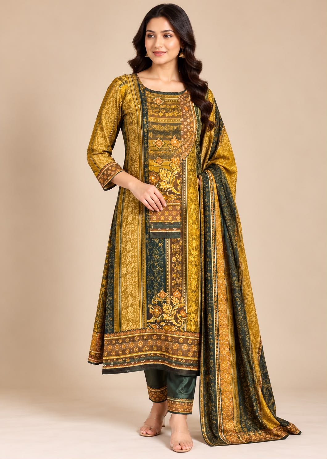 Olive Green and Mustard Printed Kurta Set with Dupatta
