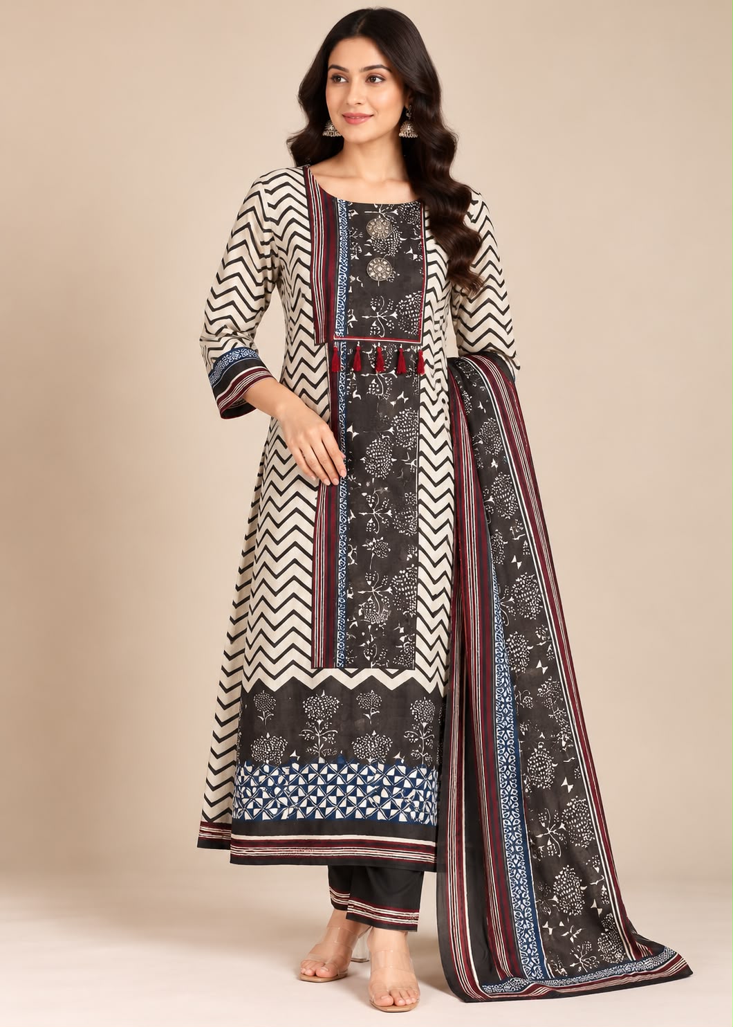 Cream and Black Printed Kurta Set with Dupatta