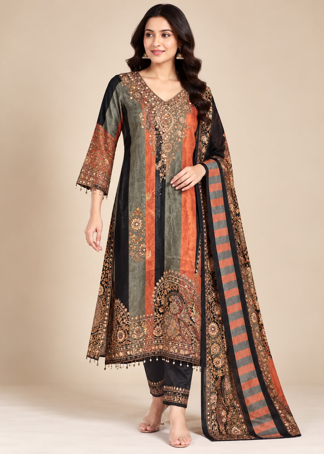 Black, Olive Green and Rust Printed Kurta Set with Dupatta