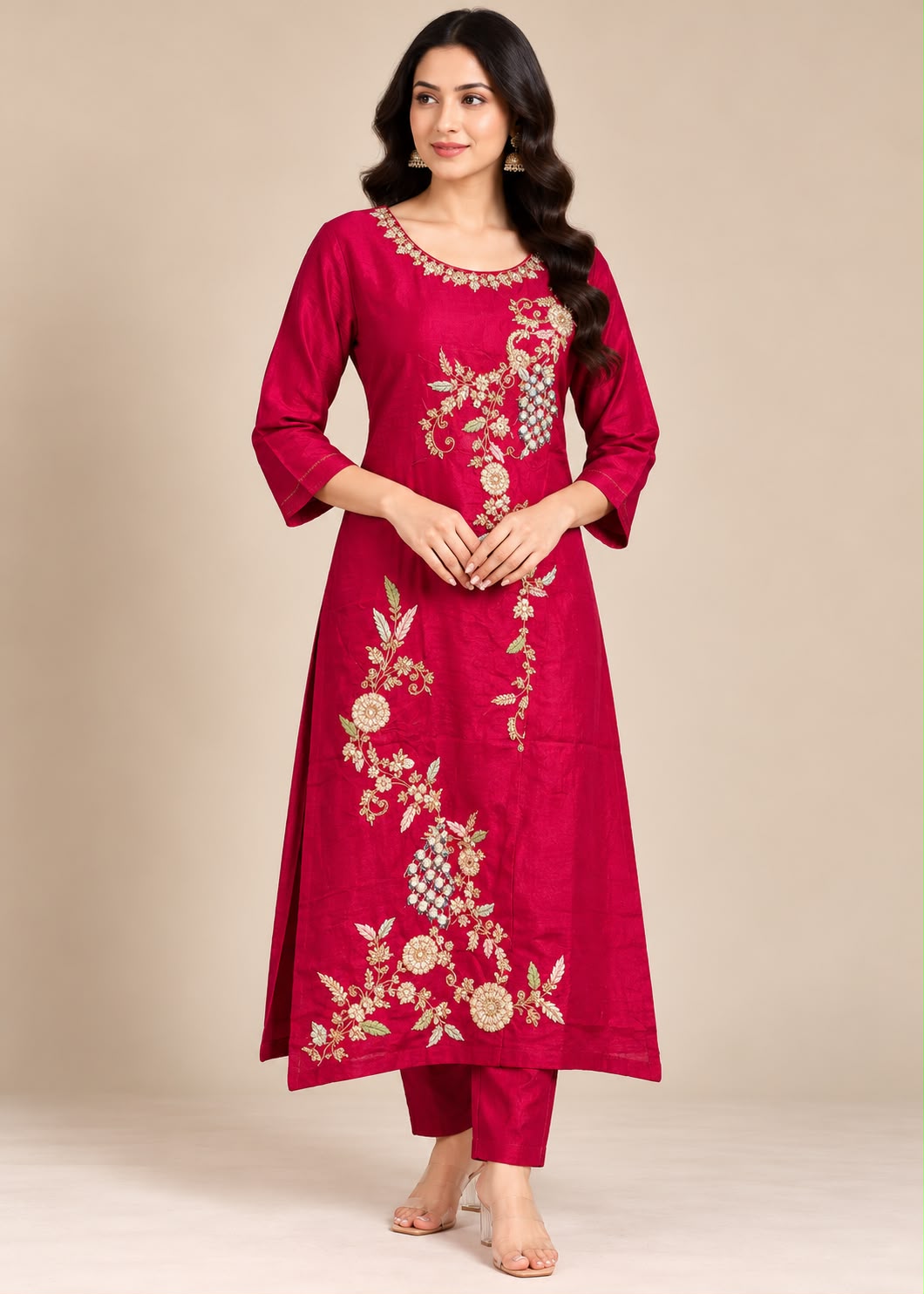 Magenta Silk Kurta &amp; Trouser Set with Asymmetric Floral &amp; Peacock Embroidery