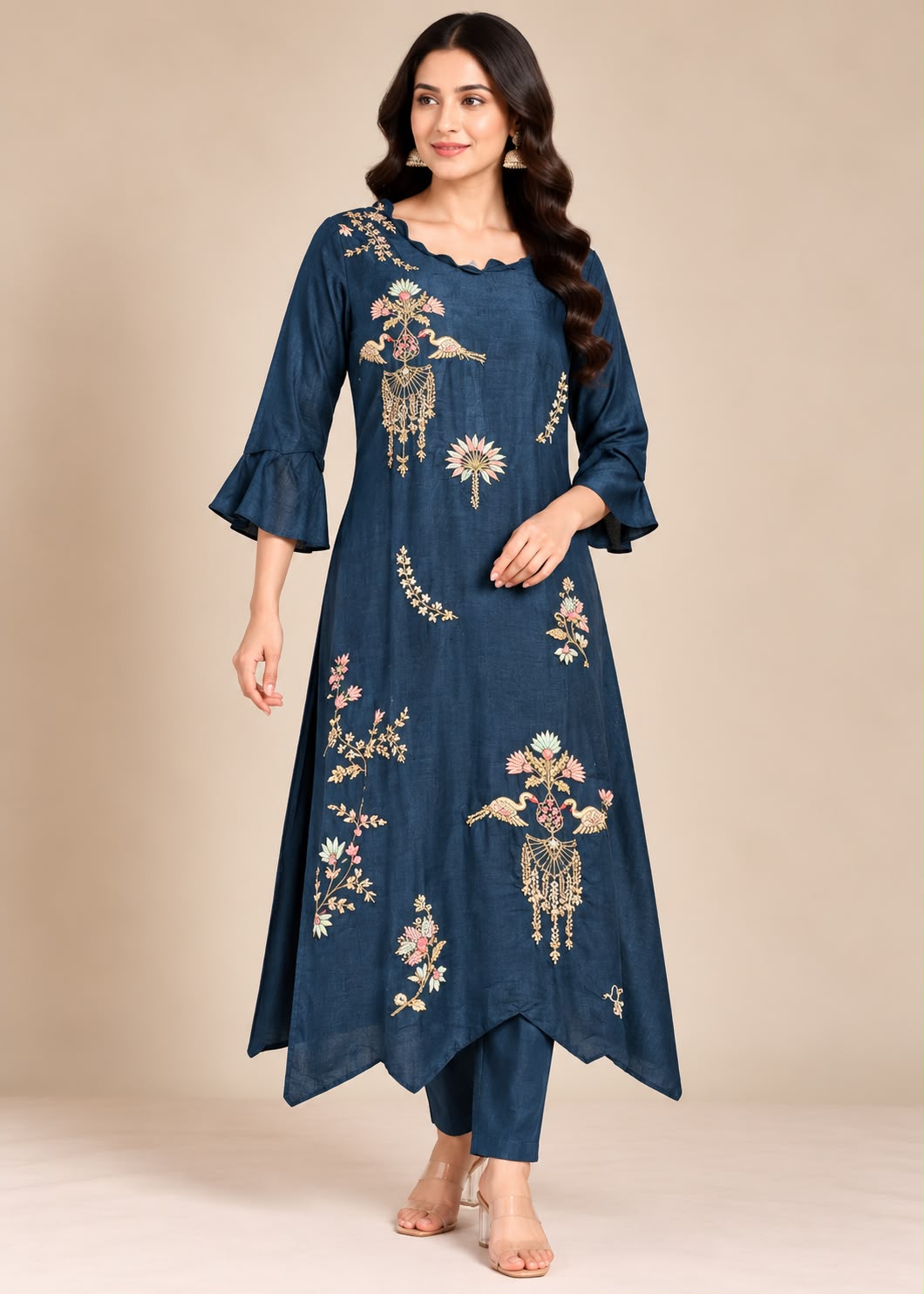 Deep Blue Silk Kurta & Trouser Set with Bird Embroidery