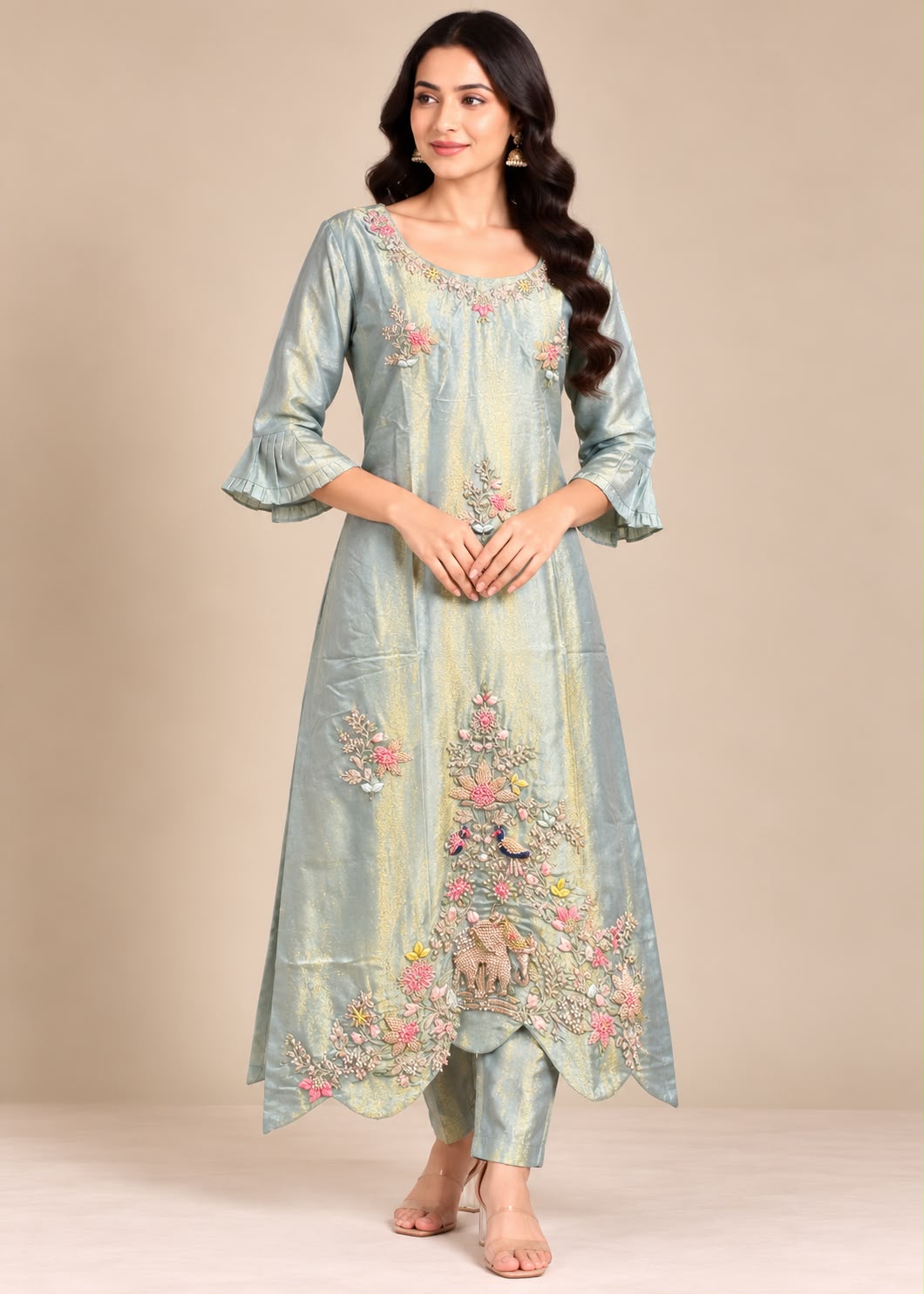 Sage Green Silk Kurta & Trouser Set with Animal Embroidery