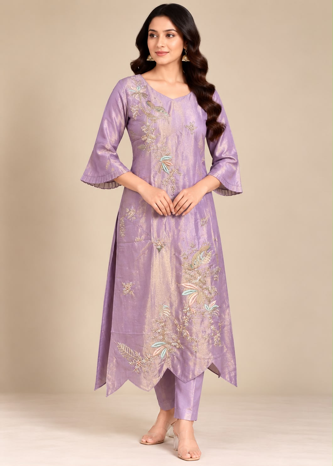Lavender Silk Kurta & Trouser Set with Asymmetric Floral & Bird Embroidery