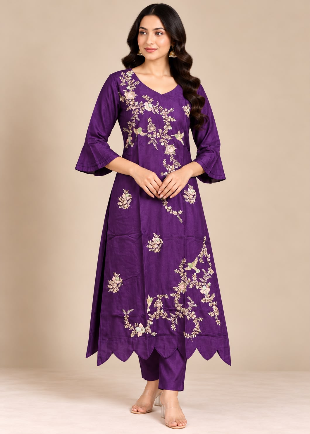 Purple Silk Kurta & Trouser Set with Asymmetric Floral &amp; Bird Embroidery