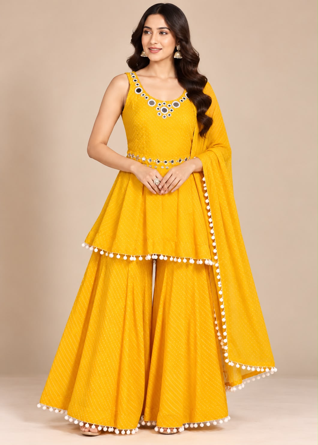 Vibrant Sunshine Yellow Mirror-Work Sharara Set