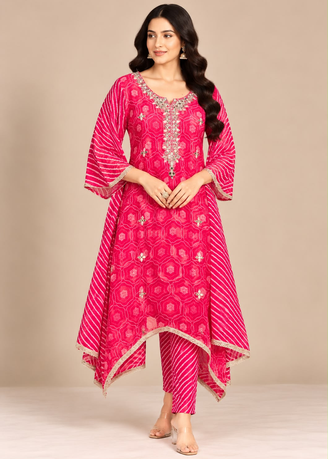 Magenta Bandhani Print Kurta &amp; Trouser Set with Zari &amp; Mirror Embellishment