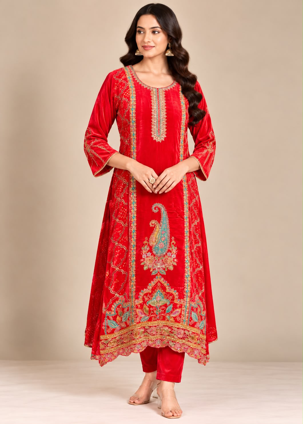 Red Velvet &amp; Paisley-Embroidered Kurta Trouser Set