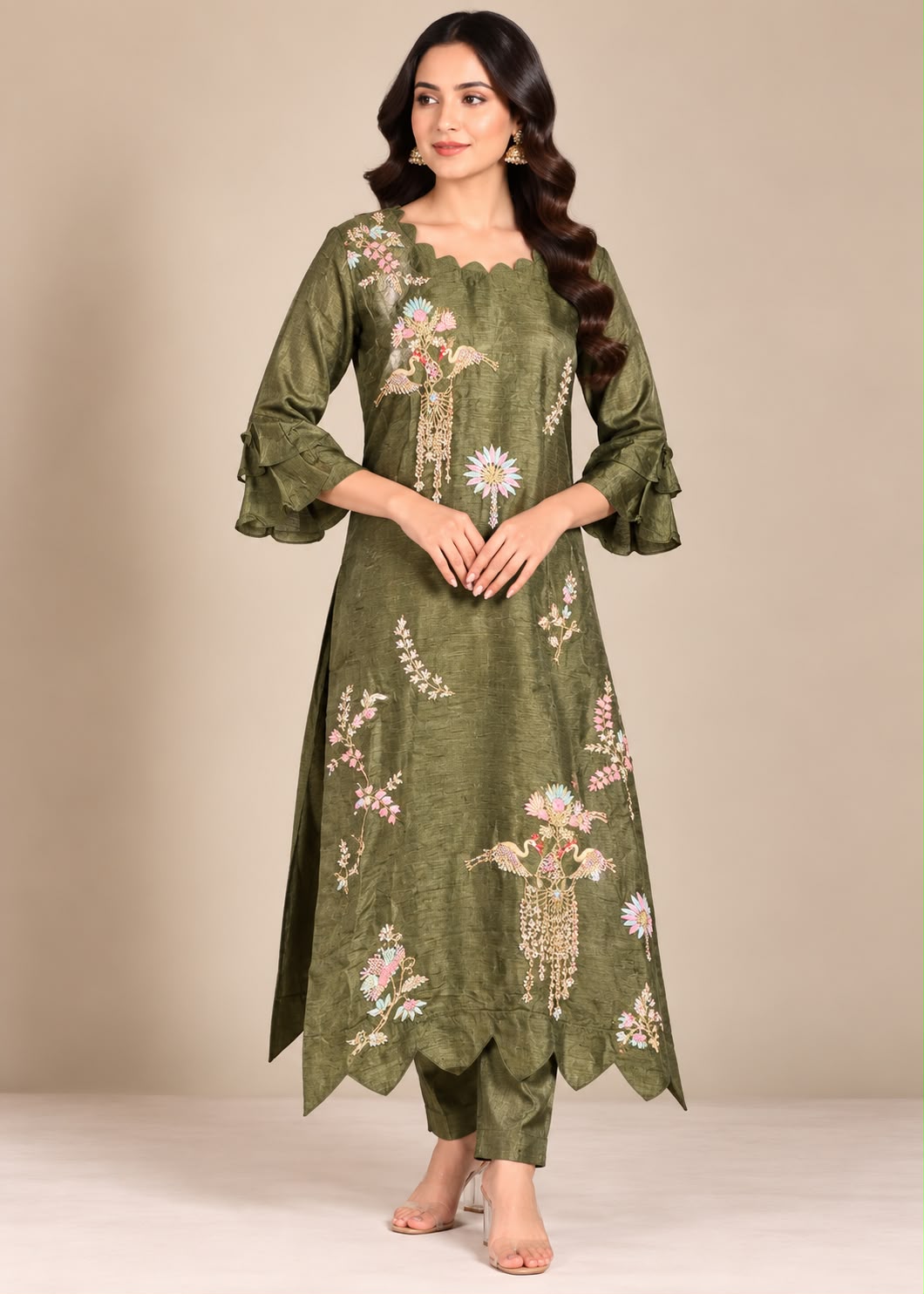 Olive Green Silk Kurta &amp; Trouser Set with Asymmetric Floral &amp; Bird Embroidery