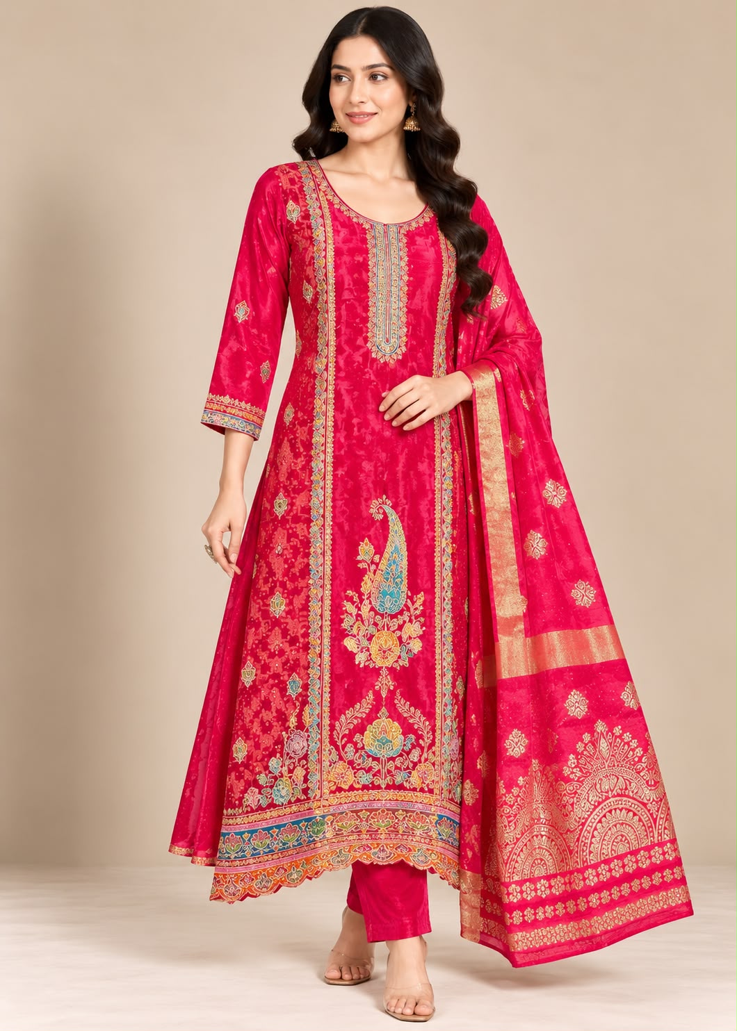 Fuchsia Silk Kurta &amp; Trouser Set with Dupatta &amp; Paisley Embellishment
