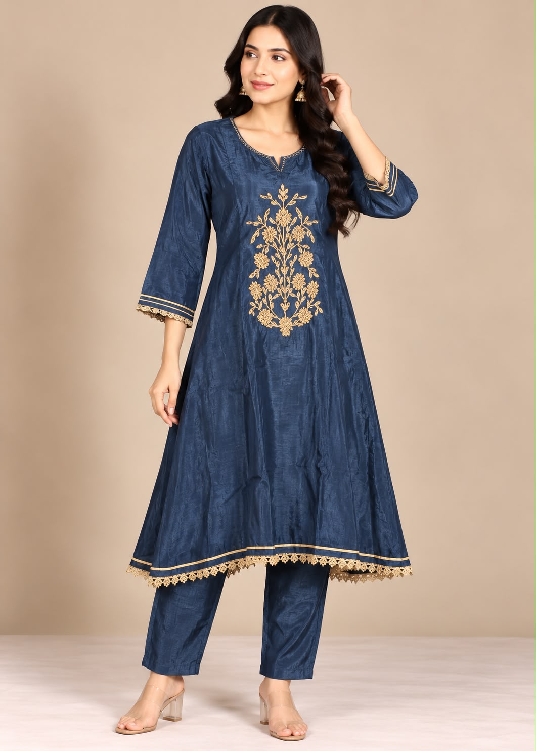 Blue Silk Kurta &amp; Trouser Set with Gold Floral Embroidery