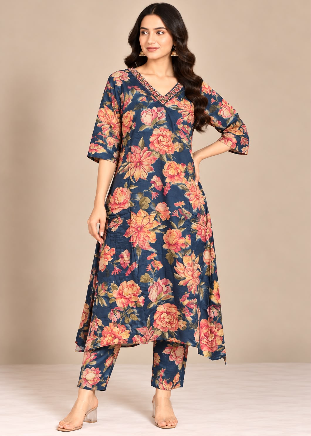 Navy Floral Print Kurta & Trouser Set with Embroidered V-Neckline
