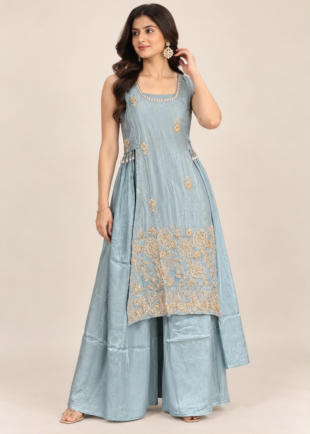Light Blue Silk Kurta & Palazzo Set with Gold Floral Embroidery