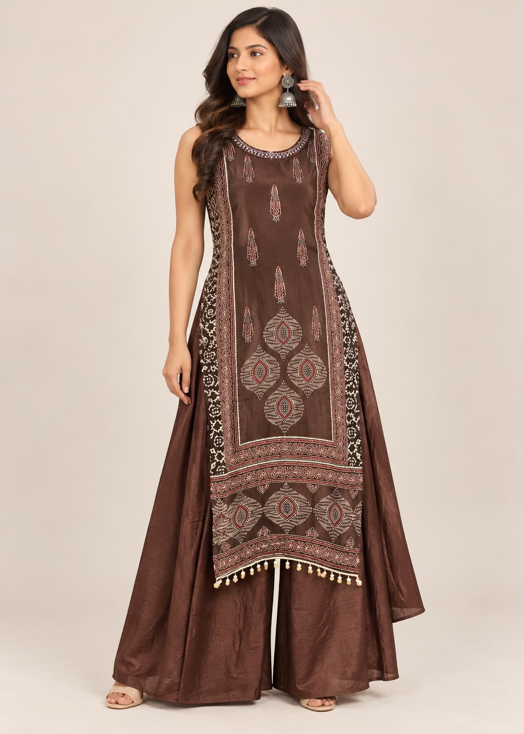 Brown Silk Kurta & Palazzo Set with Block Print & Beadwork
