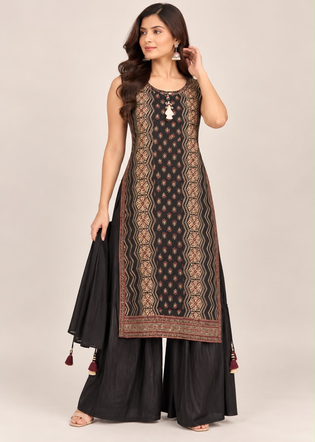 Black Block-Print Kurta & Palazzo Set with Tassel Accent