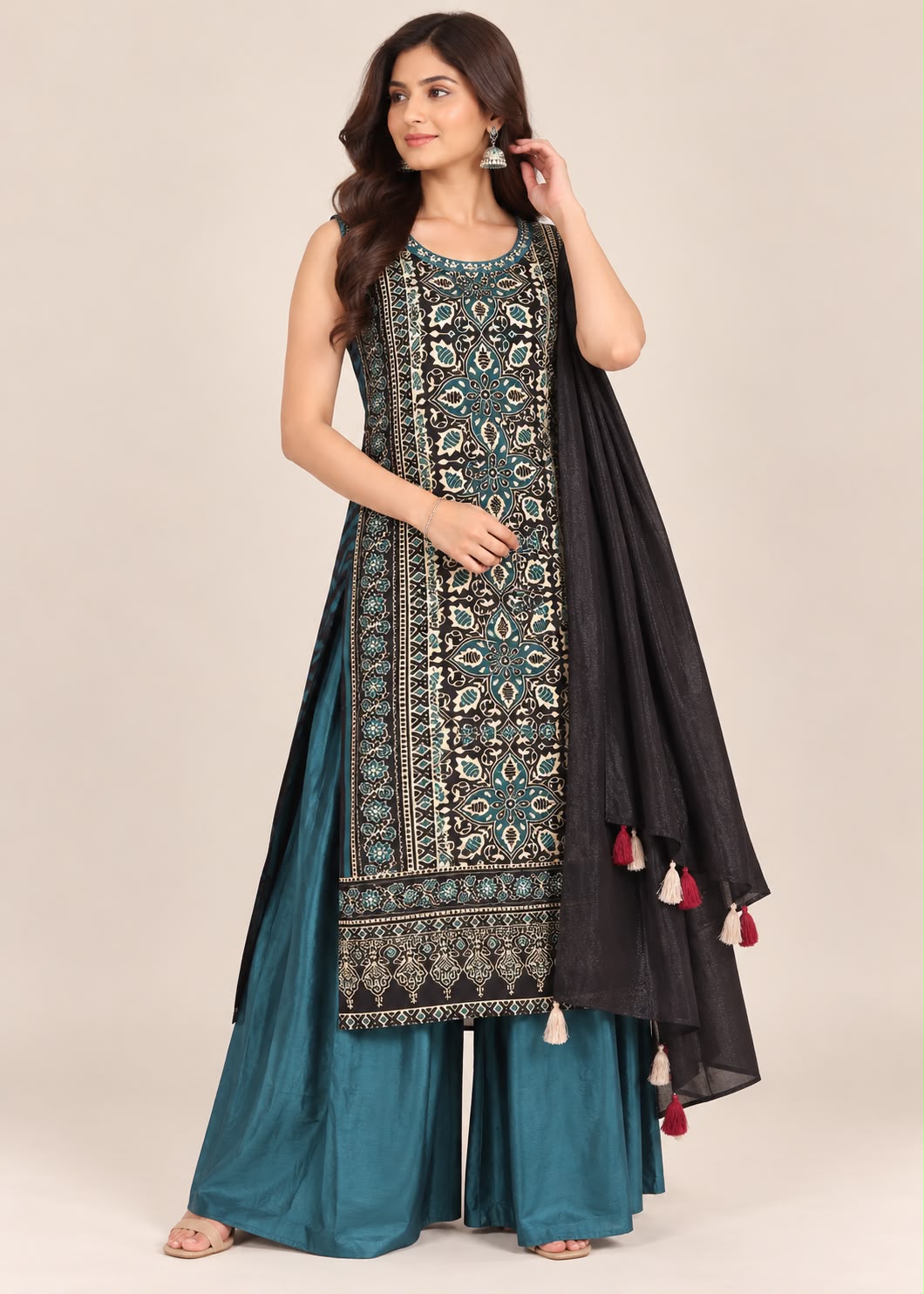 Teal & Black Block-Print Kurta Palazzo Set with Dupatta