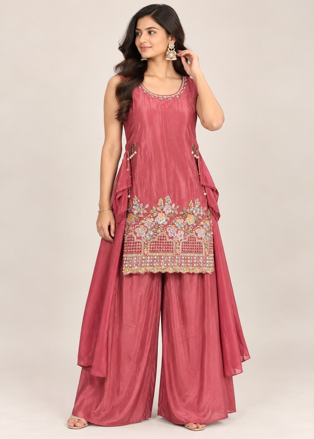 Rose Pink Silk Kurta & Palazzo Set with Heavy Floral Embellishment