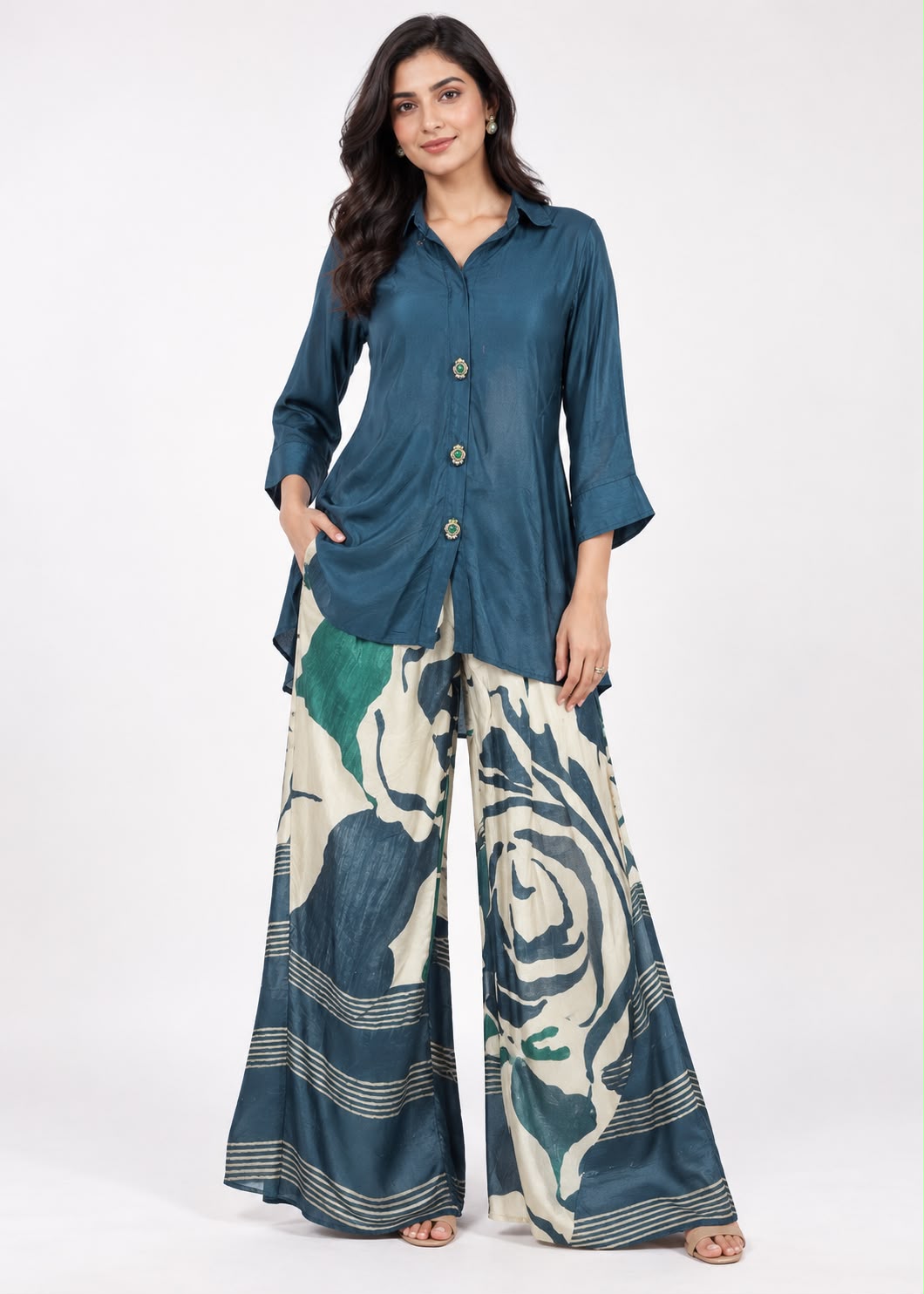 Teal Silk Tunic & Printed Palazzo Set with Statement Buttons