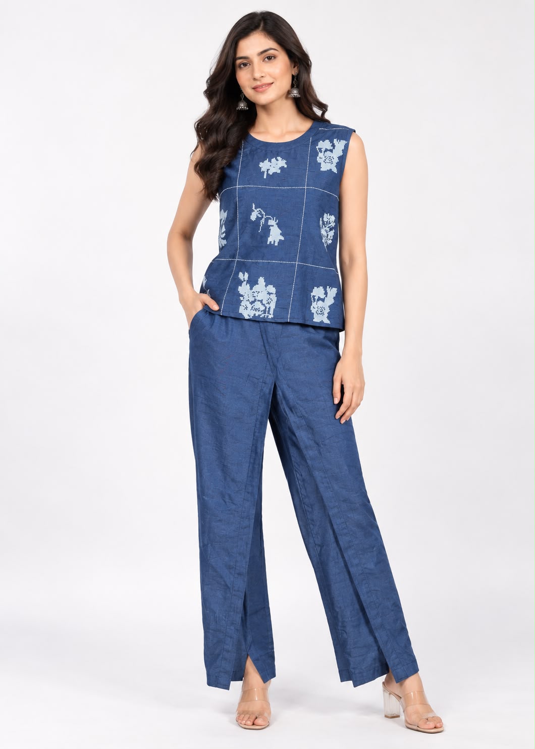 Blue Block-Print Top & Trouser Set