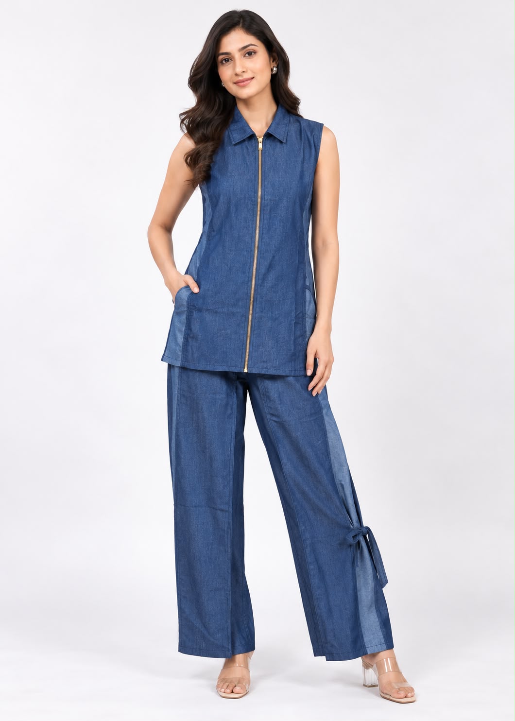 Blue Denim-Look Zip Tunic & Trouser Set
