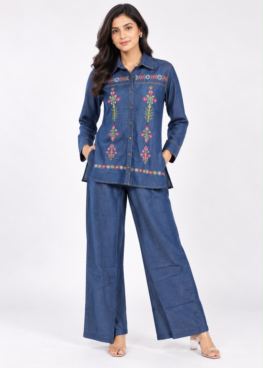 Blue Denim-Look Shirt & Trouser Set with Cross-Stitch Floral Embroidery