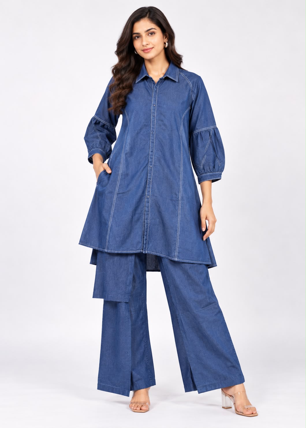 Blue Denim-Look Tunic & Trouser Set with Contrast Stitching