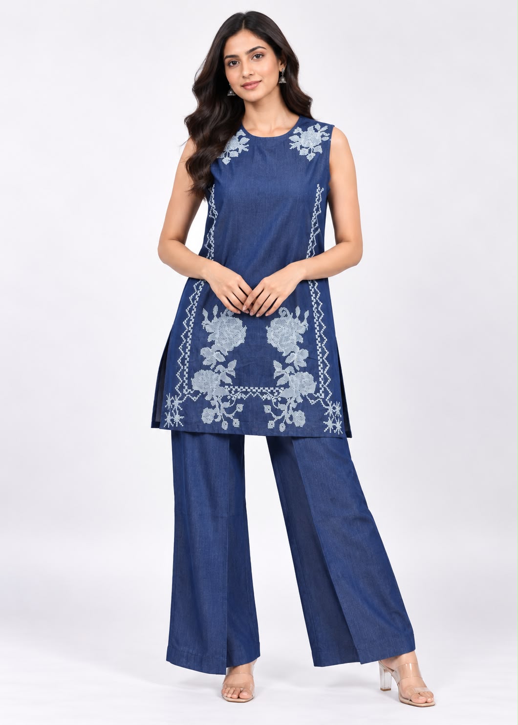 Blue Denim-Look Kurta & Trouser Set with White Floral Embroidery