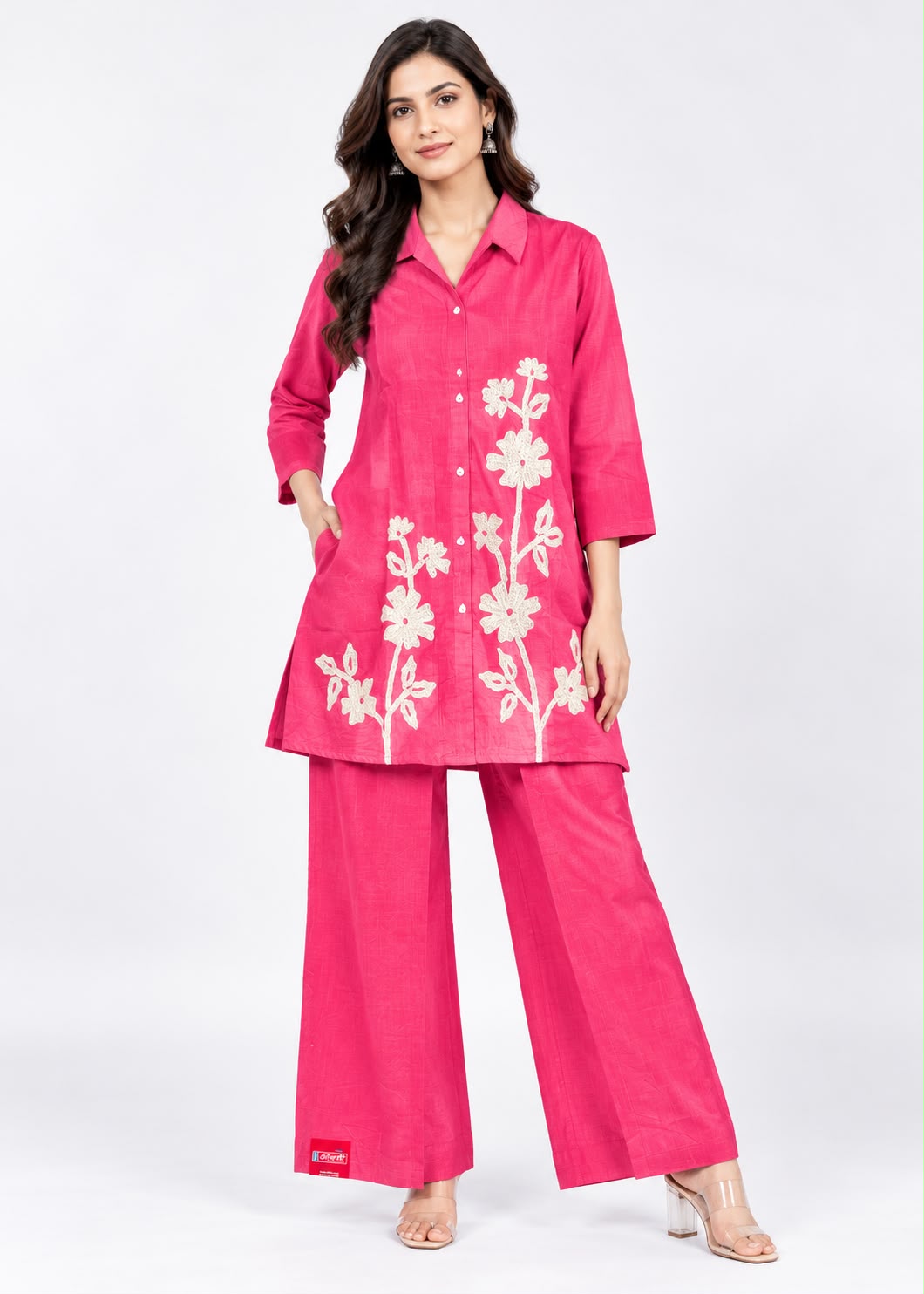 Pink Shirt & Trouser Set with White Floral Applique