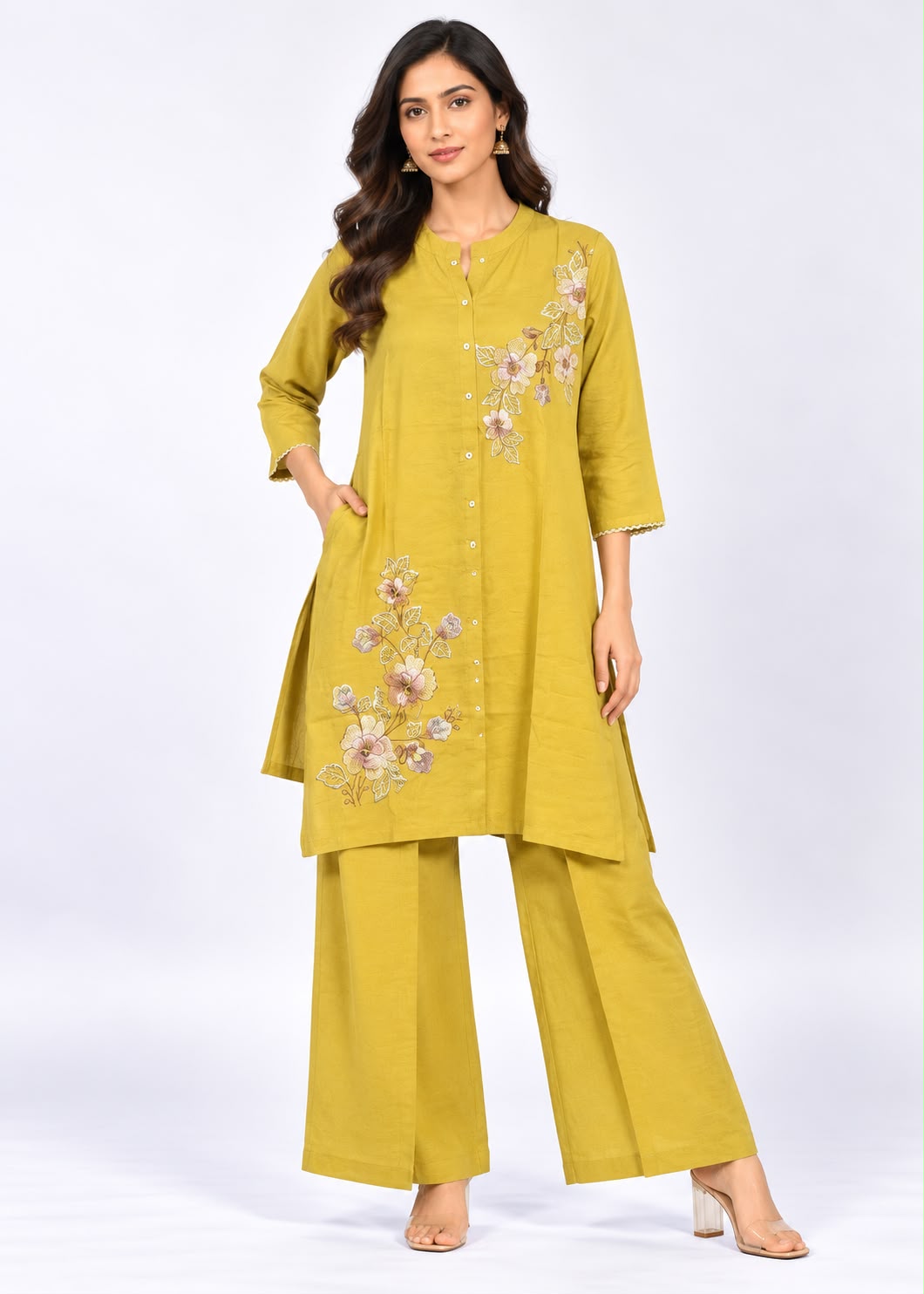 Yellow Kurta & Trouser Set with Floral Embroidery Main image