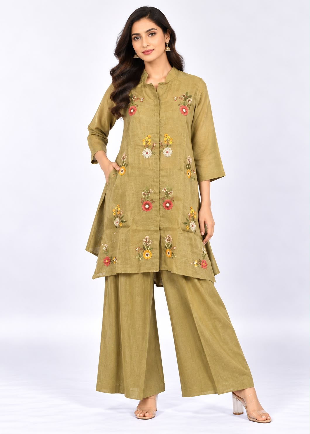 Gold Kurta & Palazzo Set with Scattered Floral Embroidery