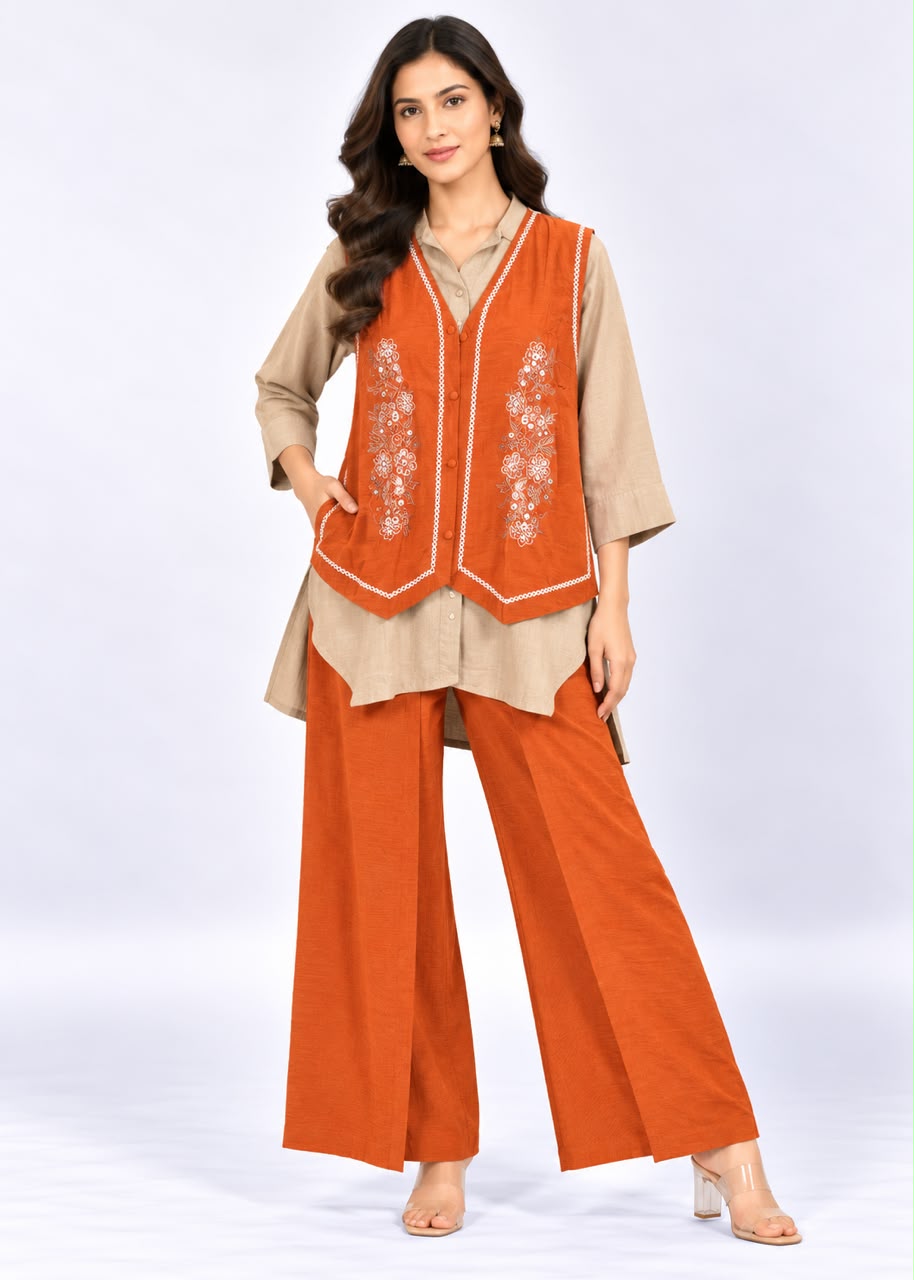 Rust Orange & Beige Layered Waistcoat, Kurta & Trouser Set with White Embroidery