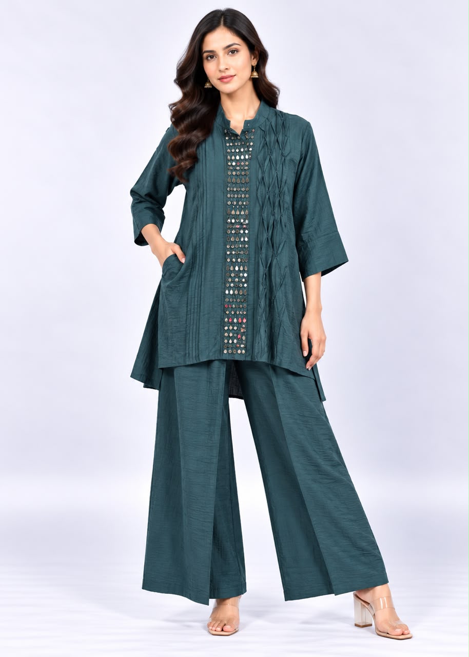 Dark Green Kurta & Trouser Set with Mirror Work Placket