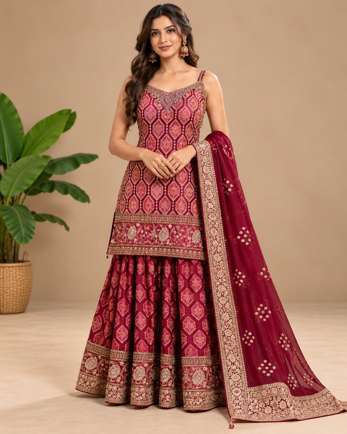 Embroidered Magenta Bandhani Print Sharara Set
