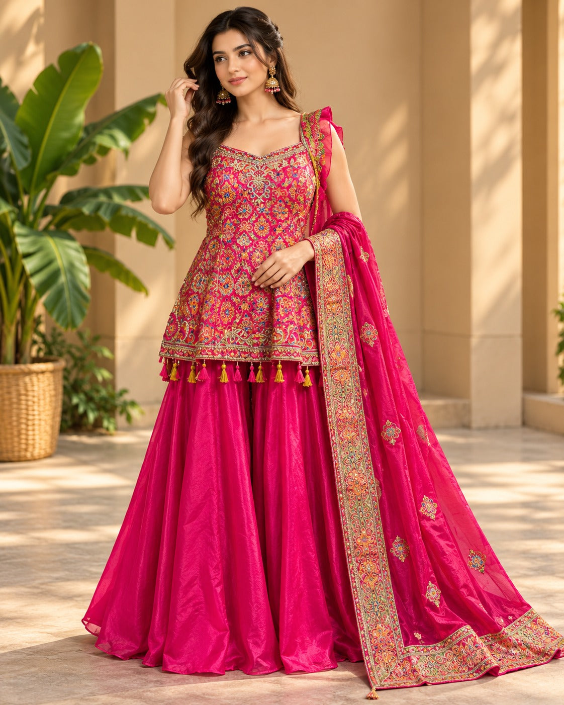 Printed Pink Peplum Sharara Suit Set