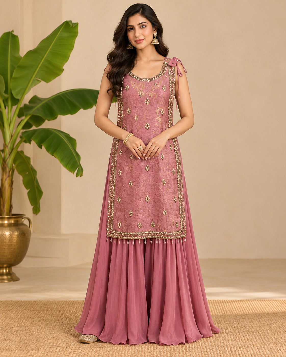 Embroidered Mauve Pink Sharara Suit Set