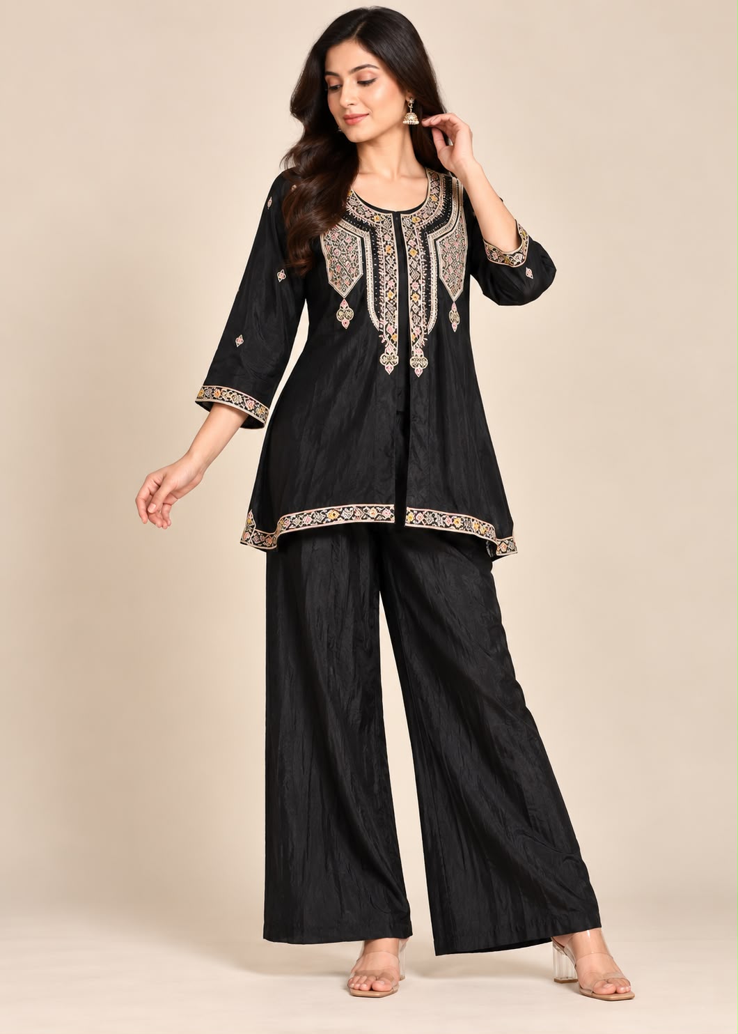Black Jacket-Style Kurta & Trouser Set with Multi-Colored Zardozi Embroidery