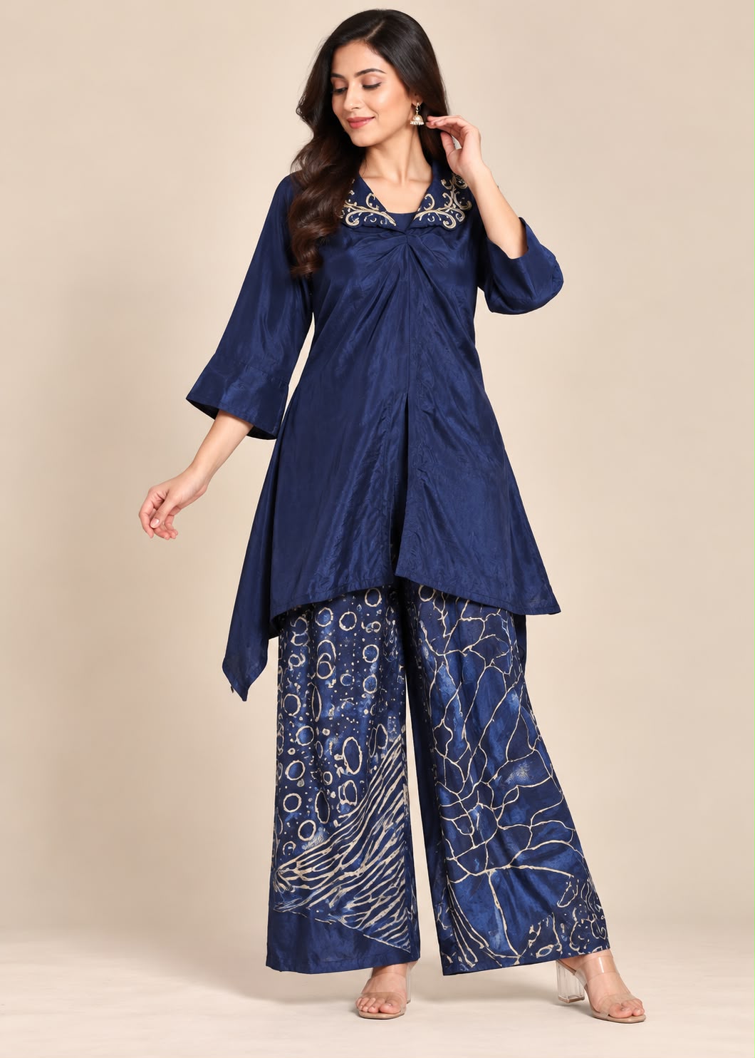 Navy Blue Silk Asymmetric Tunic & Printed Palazzo Set with Embroidered Collar